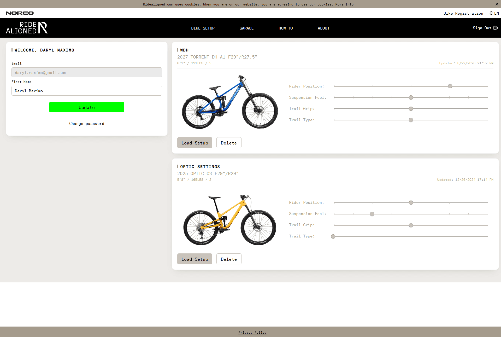ridealigned.com garage with saved bike setups